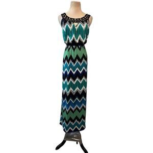 AB Studio blue green zig zag print sleeveless maxi dress size Small